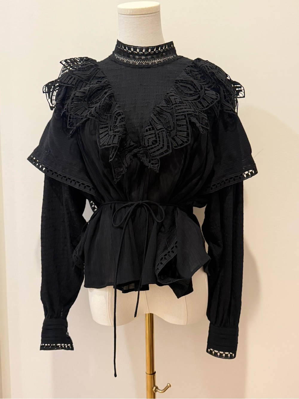 IRO Black Lace-Trim Drawstring Blouse